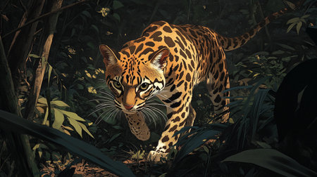 Jaguar in the jungle. Illustration of a wild cat.