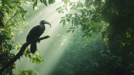 Toucan sitting on a tree branch in the rainforest.の写真素材
