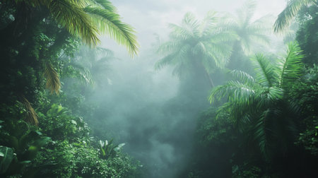 Tropical rainforest with fog and palm trees. Nature background
