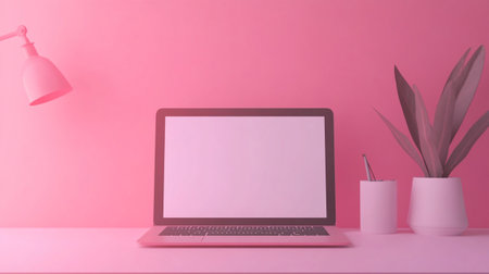 Laptop with blank screen on pink table. 3D rendering.