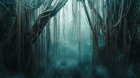 Mystical foggy mystical forest with trees and roots. Halloween conceptの写真素材