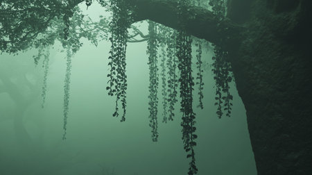 Foggy forest in the morning, 3d render illustration.の写真素材