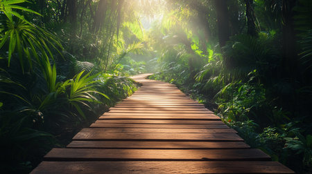 Wooden walkway in the tropical jungle with sunbeams.の写真素材