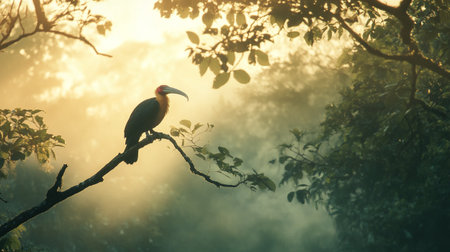 Rhinoceros Hornbill on the tree in the morning.