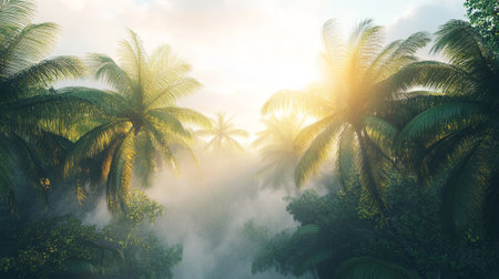 Palm trees in the fog at sunrise. Beautiful nature background.