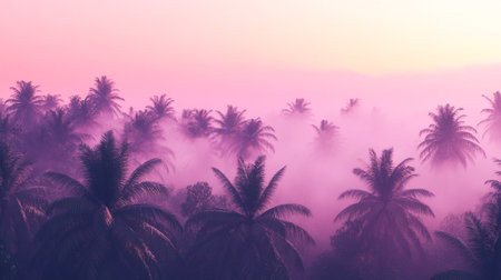 Tropical palm trees in fog at sunrise. Beautiful nature backgroundの写真素材