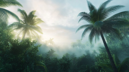 Tropical palm trees in the morning mist. 3d render