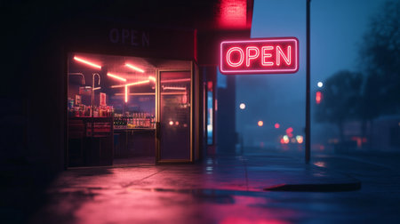 Open sign in front of a restaurant at night. 3D Rendering