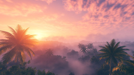 Beautiful tropical sunrise with palm trees. 3d renderの写真素材
