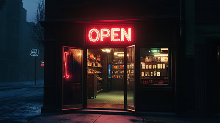 Illuminated entrance to a liquor store in New York City.の写真素材