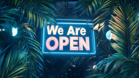 We are open neon sign in the green palm leaves in the night
