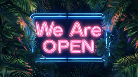 We are open neon sign on palm leaves background. 3D rendering