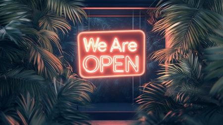 we are open neon sign with palm leaves in the background. 3d renderingの写真素材