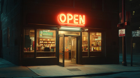 Open store with illuminated neon signage at night.の写真素材