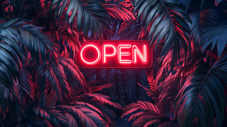 3d illustration of neon sign open on dark tropical leaves background.の写真素材