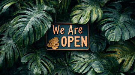 We are open sign with monstera leaves on dark background. 3d renderingの写真素材