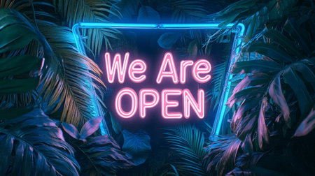 We are open neon sign in dark tropical jungle. 3d renderingの写真素材