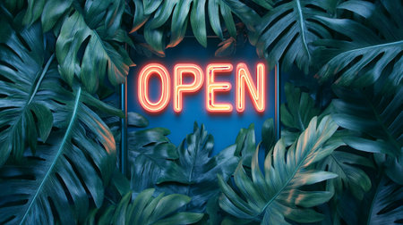 Neon sign with green tropical leaves on dark blue background, top view