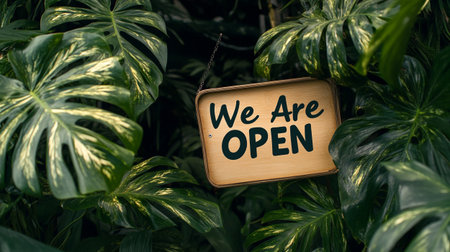 We are open sign on green leaves background. Signboard with text We are open.