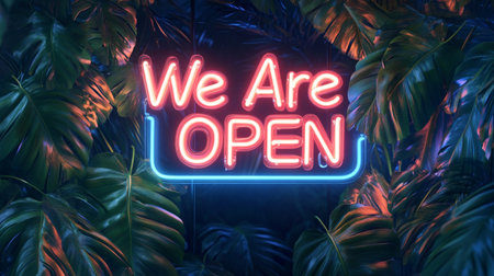 We are open neon sign on dark tropical leaves background. 3D Rendering