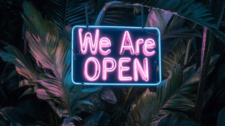 We are open neon sign in the dark tropical palm leaves background.の写真素材