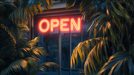 Neon open sign with palm leaves in the background. 3d rendering