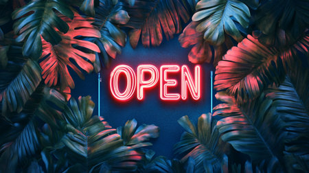 Top view of neon sign Open with monstera leaves on dark background