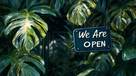 We are open sign on green leaf background with copy space for text