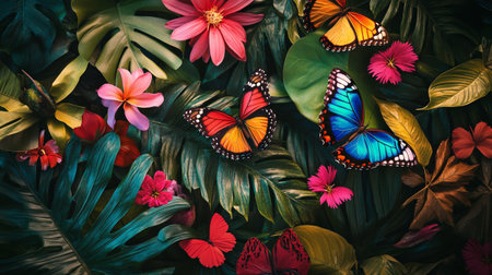 Butterflies and flowers in tropical garden. Colorful background.の写真素材