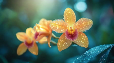 Beautiful yellow orchid flower with dew drops in the morning.
