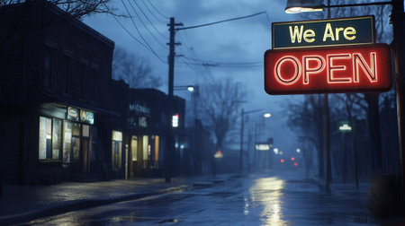 We are open sign on a street in the evening, 3d renderの写真素材