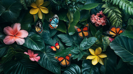 Beautiful tropical flowers and butterfly as background, top view, flat layの写真素材