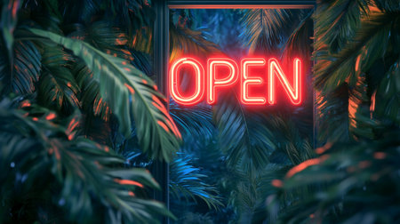 Open neon sign with palm leaves in the background. 3d rendering