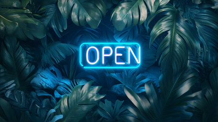 Neon open sign on dark tropical leaves background. 3D Renderingの写真素材
