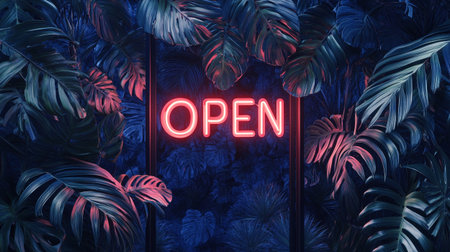 Neon sign of open in dark tropical jungle. 3D Rendering