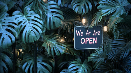 We are open sign on dark green leaves background, 3d renderingの写真素材