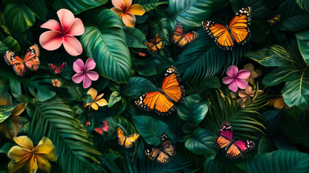 Beautiful tropical flowers and butterfly background. Colorful flowers and butterfly backgroundの写真素材