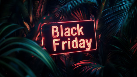 Black Friday neon sign with palm leaves background, 3d render illustration