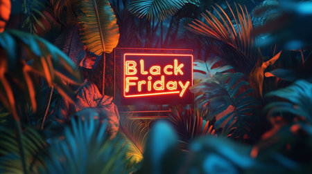 Black Friday sale neon sign in tropical forest. 3D Renderingの写真素材