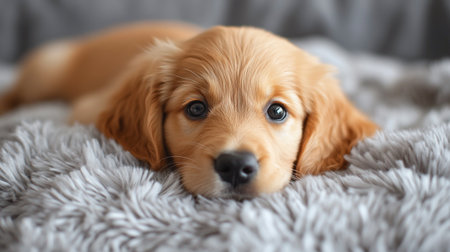 Cute puppy on bed, closeup. Adorable dog at home