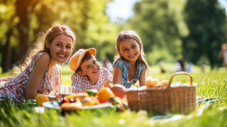 Happy family having picnic in the park. Mother, daughter and son are having fun together.のeditorial素材
