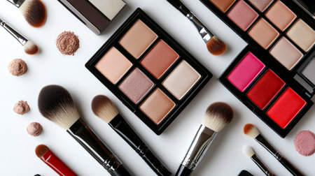 Makeup brushes and eye shadows on white background, flat lay. Space for text