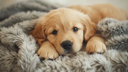 Cute Golden Retriever puppy lying on soft blanket at home