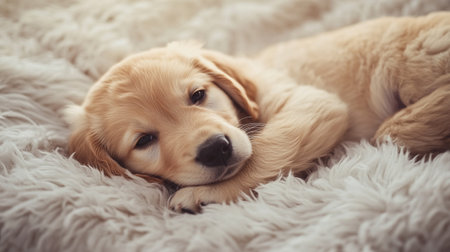 Cute Golden Retriever Puppy Lying on Fur Background