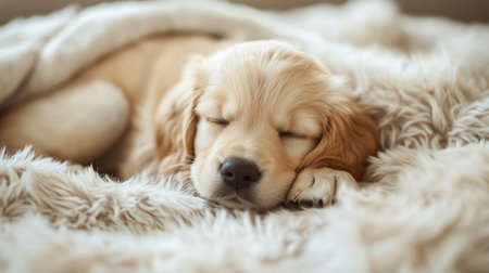 Cute Golden Retriever puppy sleeping on soft blanket at home