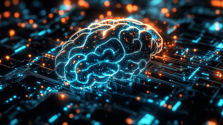 3D illustration of human brain with circuit board background. Artificial intelligence concept