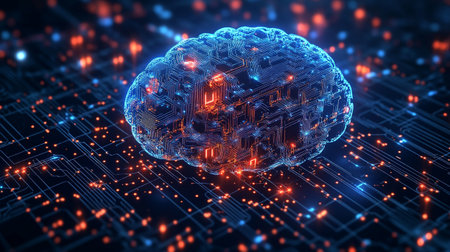 Abstract 3d rendering of human brain on circuit board background. Artificial intelligence concept.