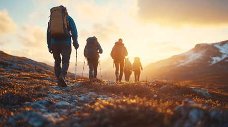 Group of hikers walking on a mountain trail in the sunset light.