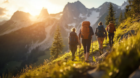 Group of hikers walking in the mountains at sunset. Hikers with backpacks hiking in the mountains.
