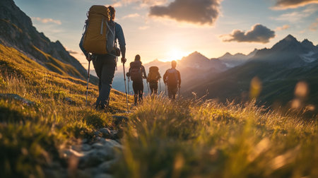 Group of hikers walking on the trail in the mountains at sunset. Hiking concept